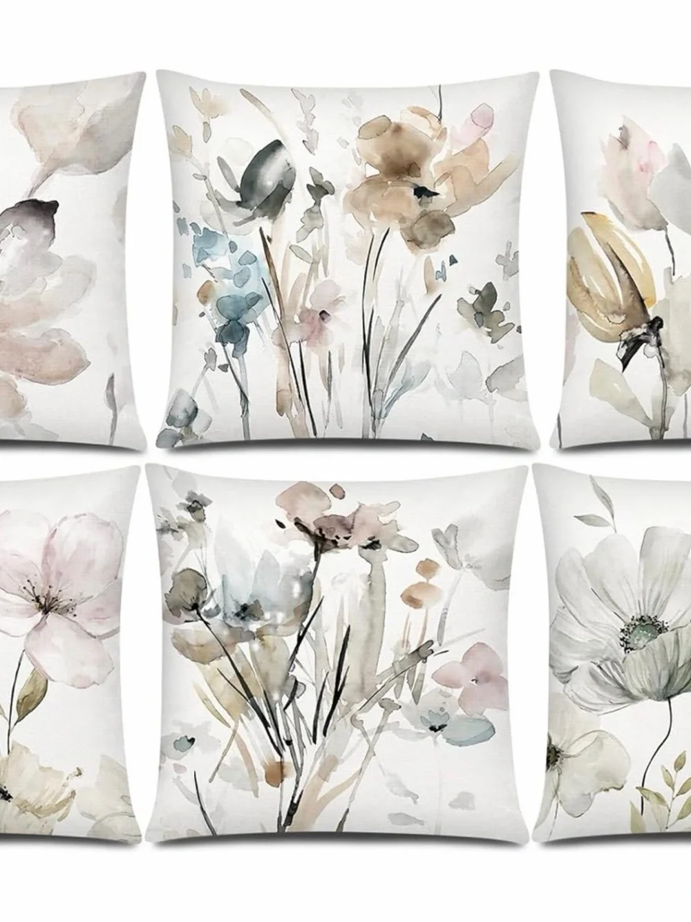 Watercolor Floral Throw Pillow Covers - Soft Neutrals Set of 6